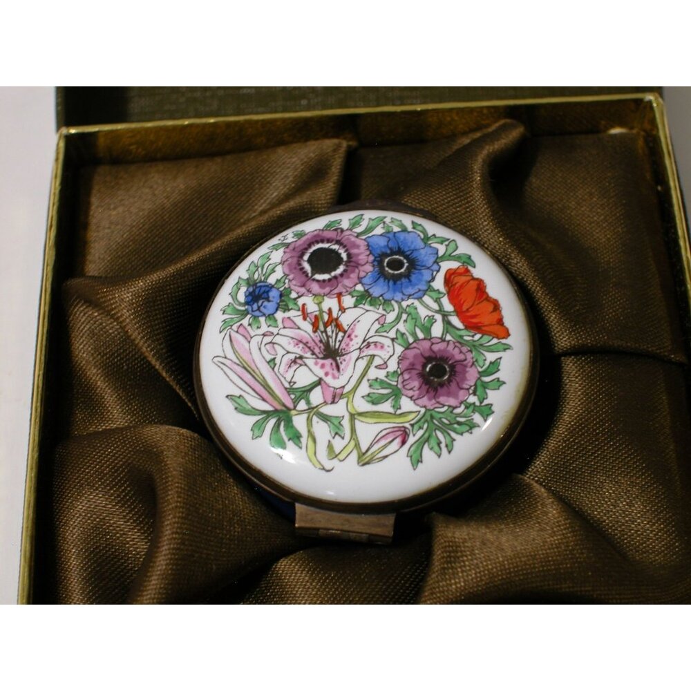 Vintage English Crummles Enamel Trinket Box With Floral Lid & Ship Interior